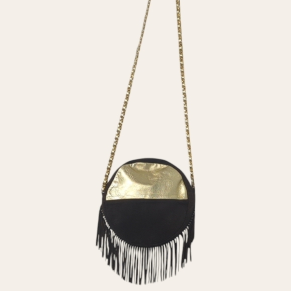 Meli Melo Rich Brown and Metallic Gold Suede Leather Fringe Crossbody - Picture 8 of 16